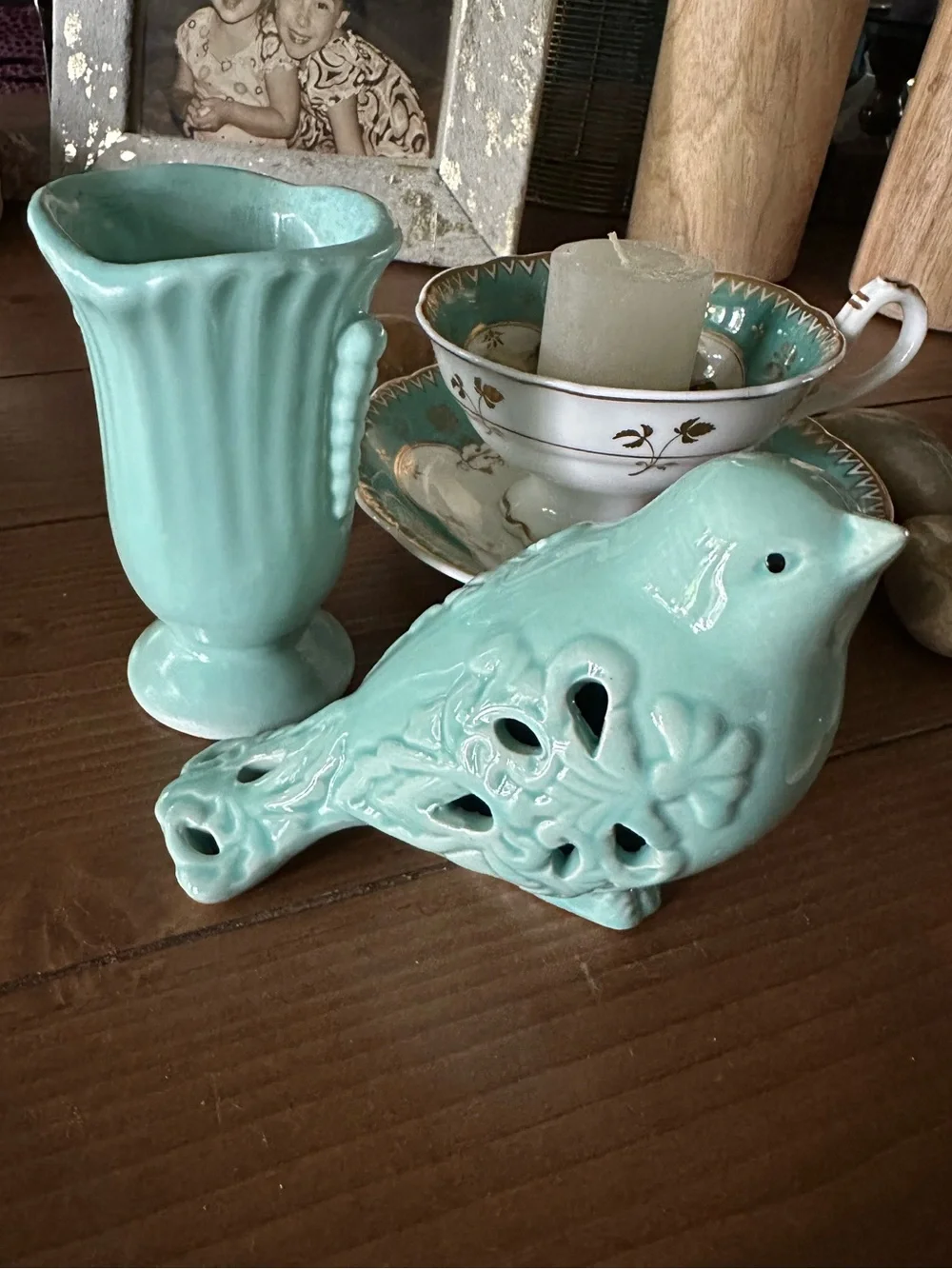 Ceramic Teal Blue Decorative Bird Figurine and Vase Set
